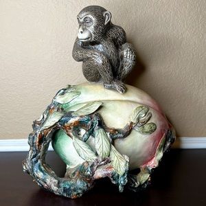 Vintage MCM Large Longevity Peach Ceramic Sculpture w Monkey Seated on Top